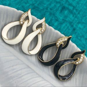 🍀 Black OR White Enamel Teardrop Rhinestone Post Drop Earrings